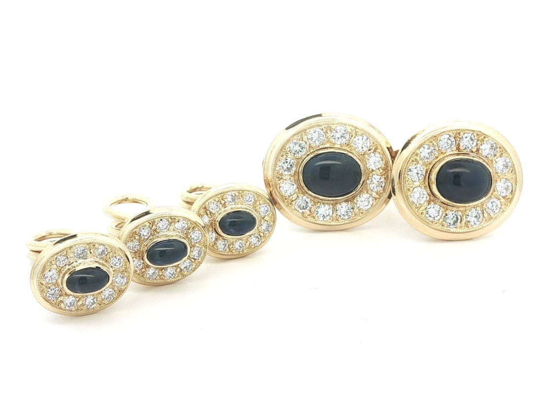 18k Yellow Gold Sapphire Diamond Cabochon Cufflink and Shirt Stud Set (1 of 15)