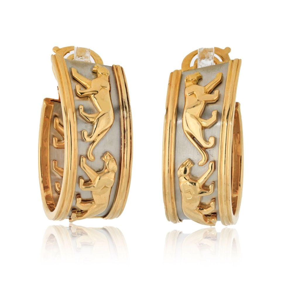 Cartier Vintage 1980s Panthere de Cartier Platinum & 18K Yellow Gold Earrings: Cartier Vintage 1980s Panthere de Cartier Platinum & 18K Yellow Gold Earrings These exquisite earrings are crafted from a combination of platinum and 18K yellow gold, showcasing the iconic Panthere de