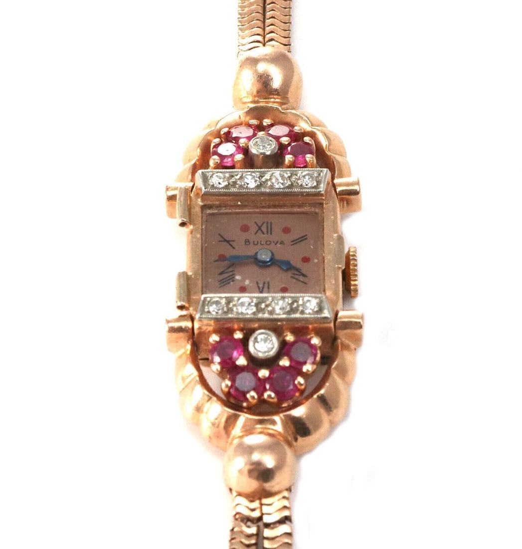 Bulova Ladies 14k Rose Gold Hand Wind Watch with Diamond and Ruby Accents (1 of 7)