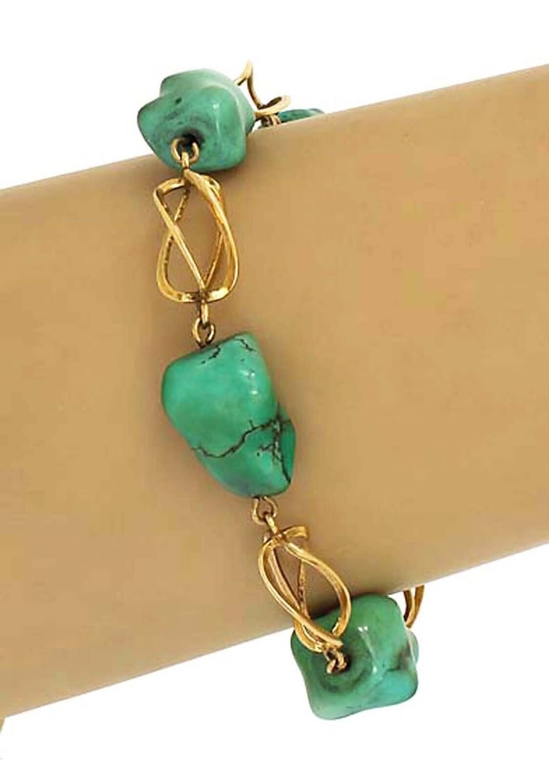 Vintage 18k Yellow Gold Bracelet with Natural Turquoise Nugget Bead Links (1 of 4)