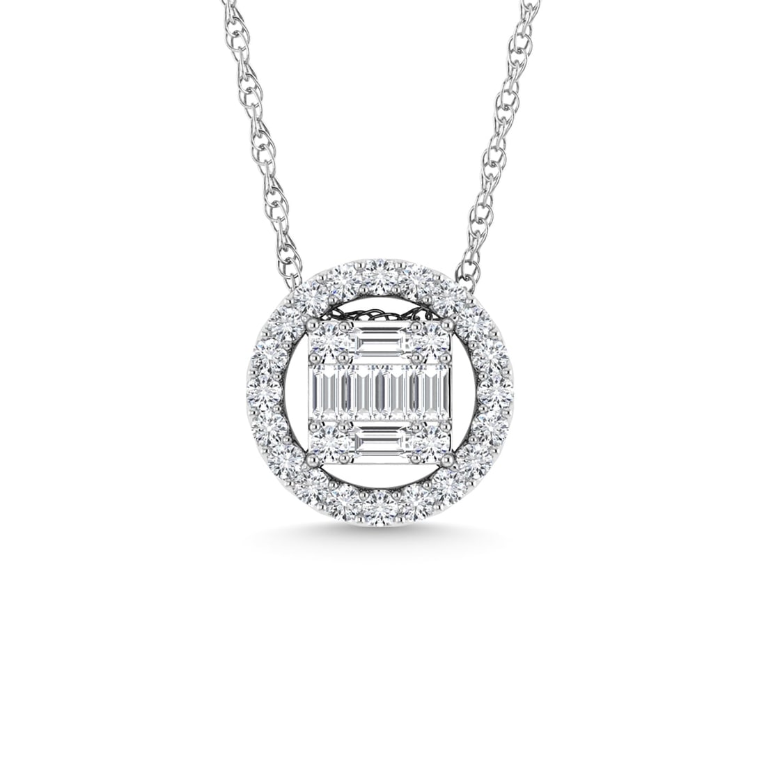 Diamond 1/3 Ct.Tw. Round Fashion Pendant in 14K White Gold: Diamond 1/3 Ct.Tw. Round Fashion Pendant in 14K White Gold 14k White Gold Stone Color: G-h Stone Clarity: Si2 Unless otherwise specified, pendants that include a chain are paired with our standard