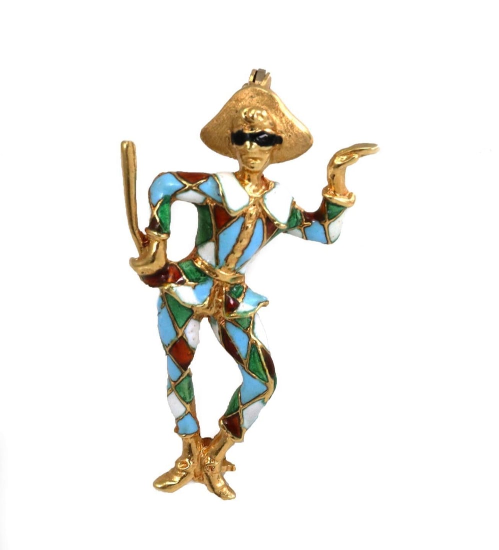 Vintage 18k Yellow Gold Enamel Court Jester Brooch Multicolor: Vintage 18k Yellow Gold Enamel Court Jester Brooch Multicolor This vibrant vintage brooch showcases a delightful court jester intricately designed in multicolored enamel. Crafted from 18k yellow gold,