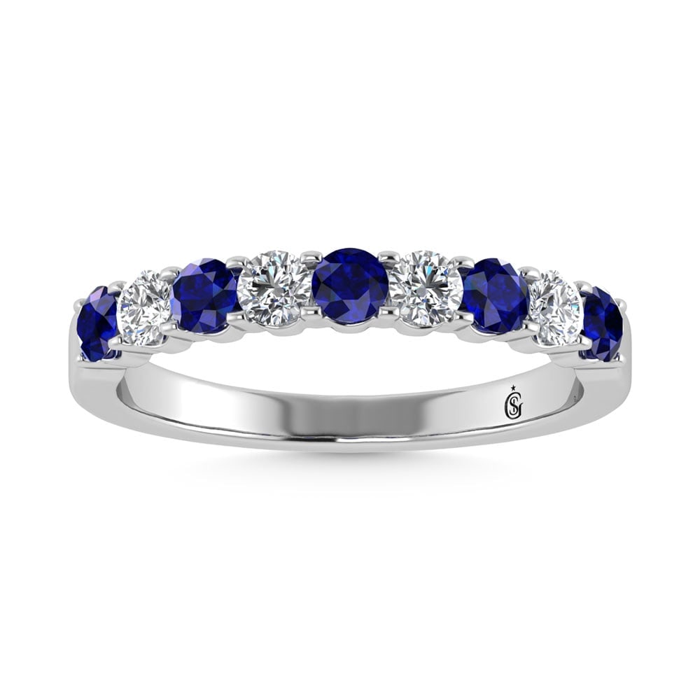 14K White Gold Machine Set Alternate Blue Sapphire and Diamond 7/8 Ct.Tw. Band: 14K White Gold Machine Set Alternate Blue Sapphire and Diamond 7/8 Ct.Tw. Band 14k White Gold Stone Color: G-h Stone Clarity: I2 Each ring is presented in standard size 6.5. Complimentary resizing is
