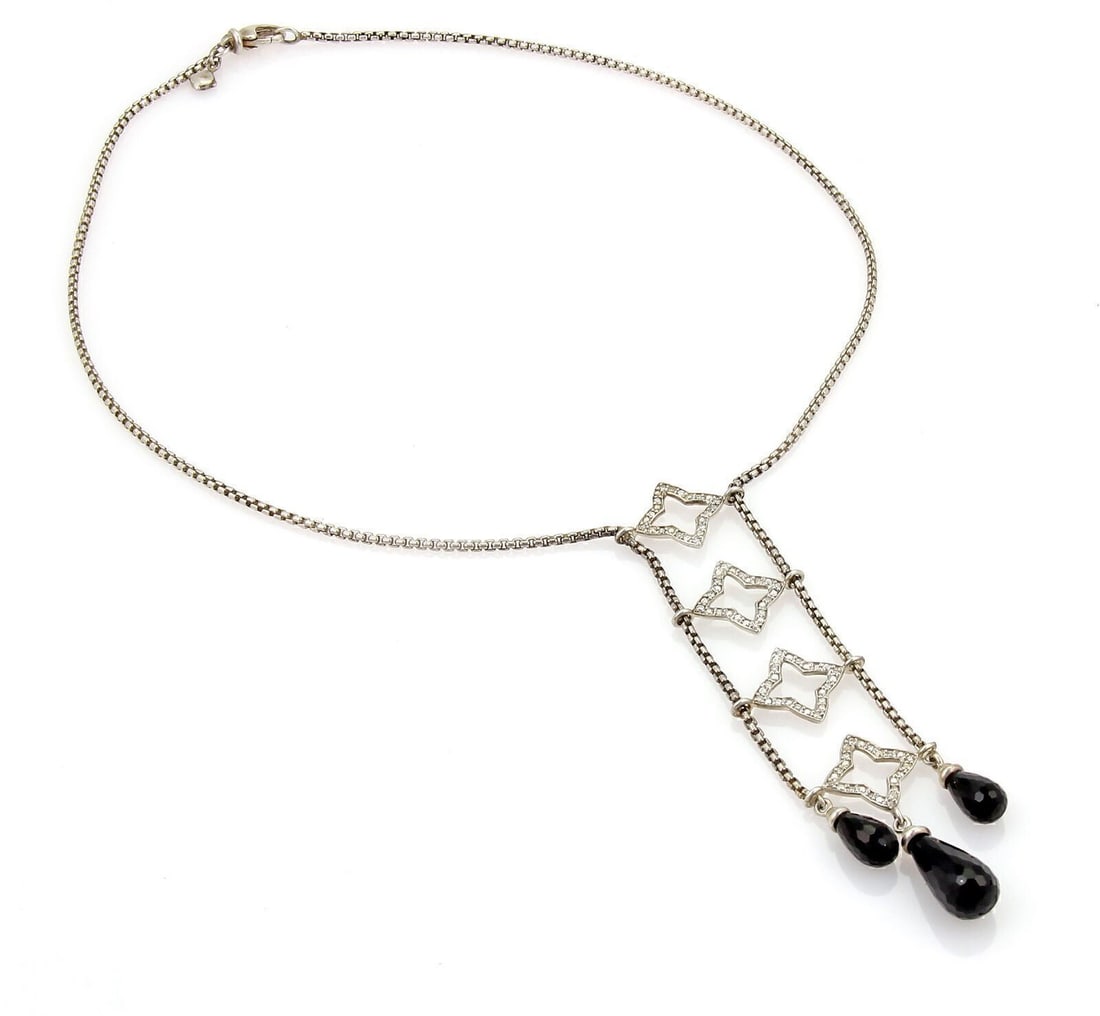 Lariat Necklace with Quatrefoil Diamond Pendant and Briolette Onyx Drop (1 of 5)