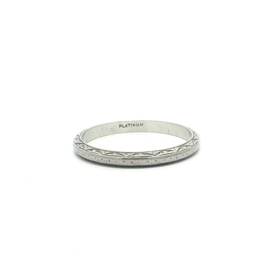 Platinum Antique Eternity Band with Detailed Etched Design Size 4.5: Platinum Antique Eternity Band with Detailed Etched Design Size 4.5 This antique platinum eternity wedding band features detailed side etching and a classic stackable design. Crafted from solid .800+