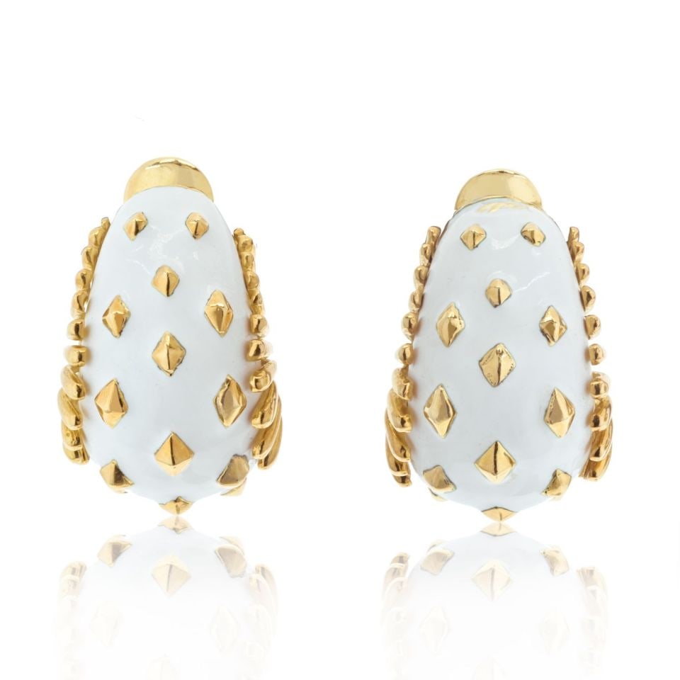 David Webb Bombe Clip-On Earrings Platinum 18K Yellow Gold White Enamel: David Webb Bombe Clip-On Earrings Platinum 18K Yellow Gold White Enamel Experience luxury with these exquisite David Webb Bombe Clip-On Earrings, beautifully crafted in a combination of platinum and 1