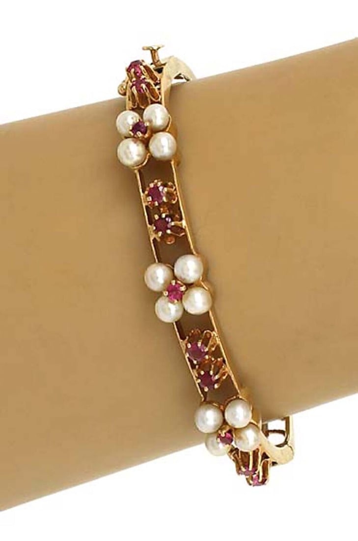 Vintage 14k Yellow Gold Bangle Bracelet with Rubies and Pearls (1 of 4)