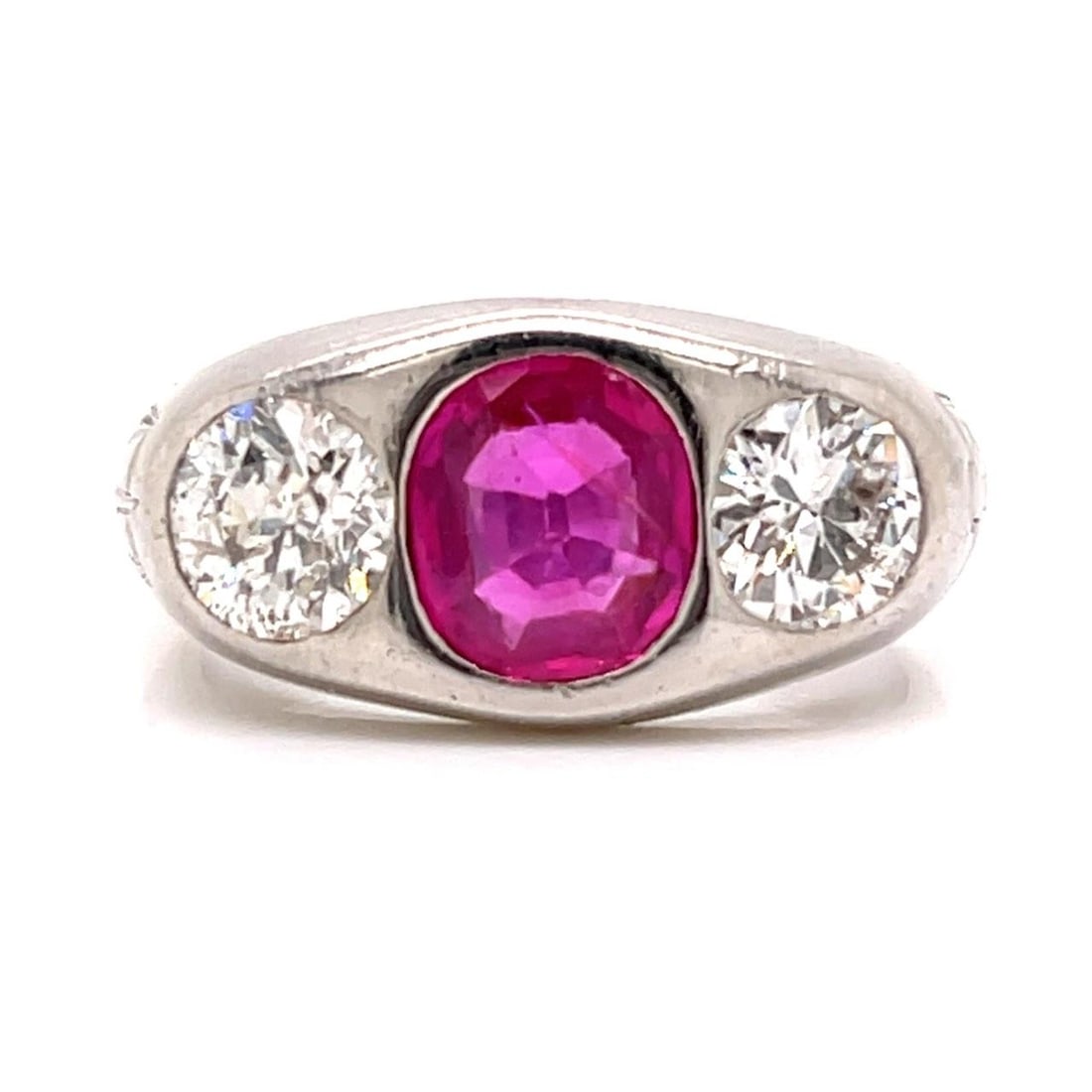 Platinum Art Deco Ring With AGL Certified Burma No-heat Ruby and Diamonds: Platinum Art Deco Ring With AGL Certified Burma No-heat Ruby and Diamonds This Art Deco platinum ring features an AGL certified Burma no-heat ruby weighing approximately 2.00 carats. The ruby is accen