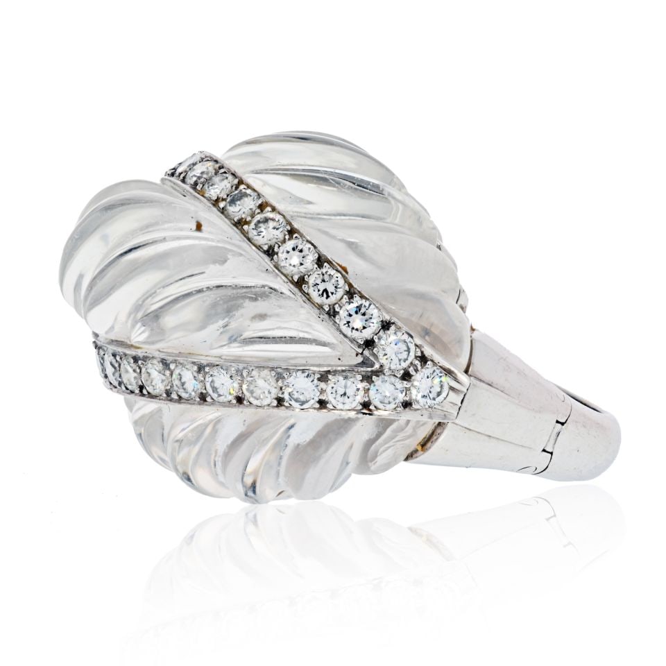 David Webb Rock Crystal Diamond Arch Ring Platinum 18K White Gold: David Webb Rock Crystal Diamond Arch Ring Platinum 18K White Gold This exquisite estate ring by David Webb features a stunning design crafted from platinum and 18K white gold. The centerpiece is a flu