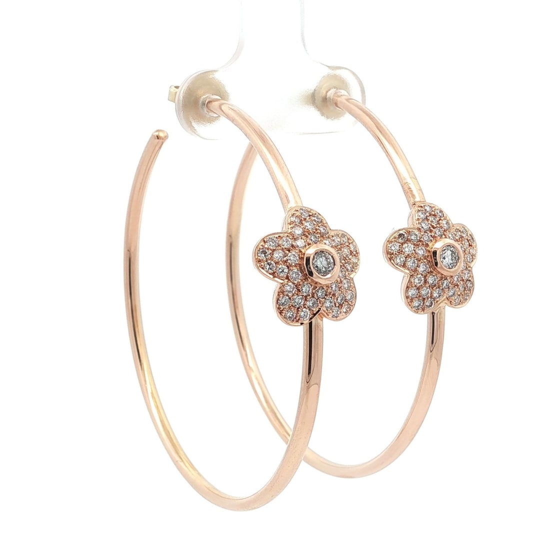 18k Rosy Yellow Gold Large Flower Hoop Earrings with Diamonds: 18k Rosy Yellow Gold Large Flower Hoop Earrings with Diamonds Make a statement with these exquisite 18k Solid Rosy Yellow Gold Diamond Covered Front Flower Large Hoop Earrings. Featuring 32 natural ge
