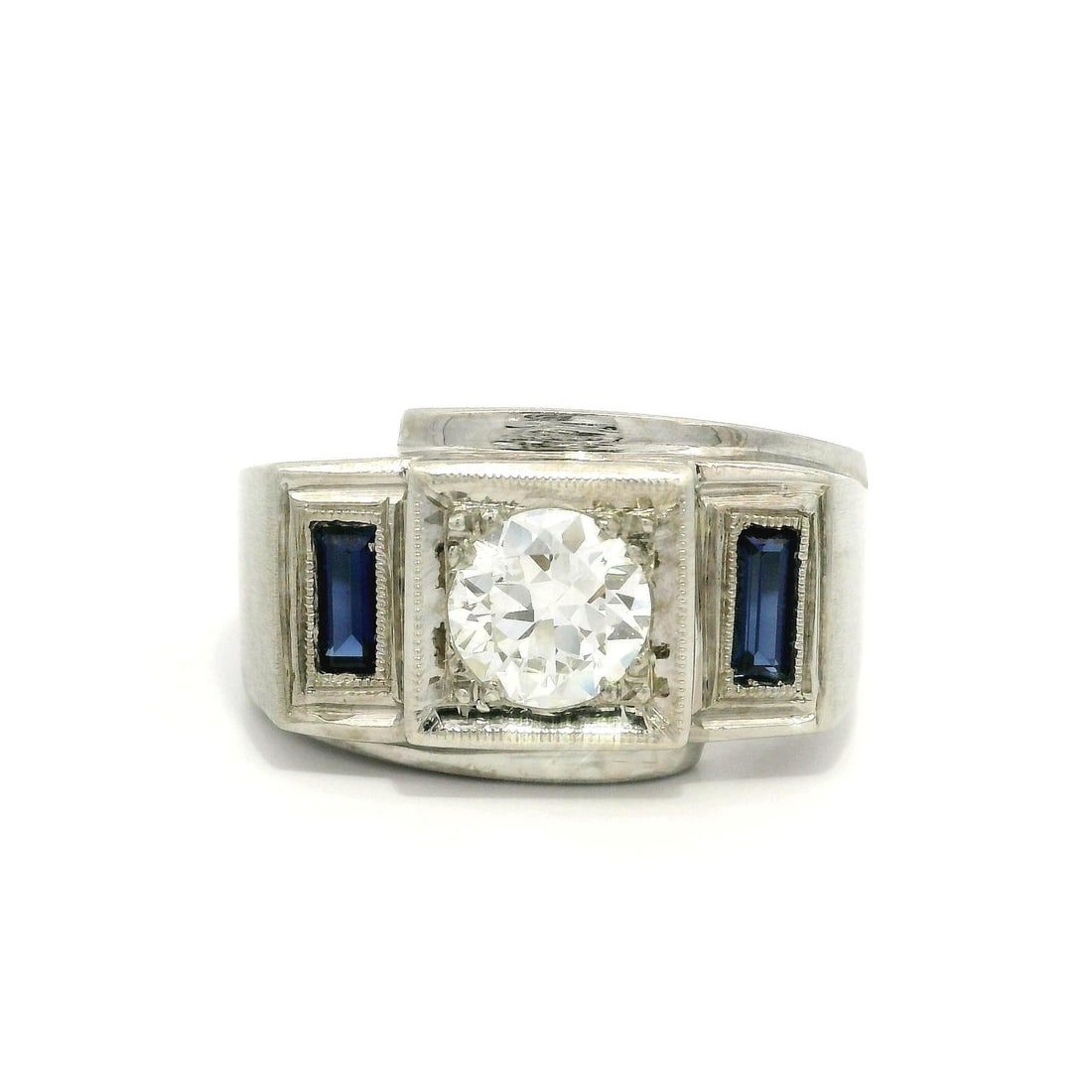 Antique Art Deco 14k White Gold GIA 1.02ct Diamond Ring with Sapphires (1 of 15)