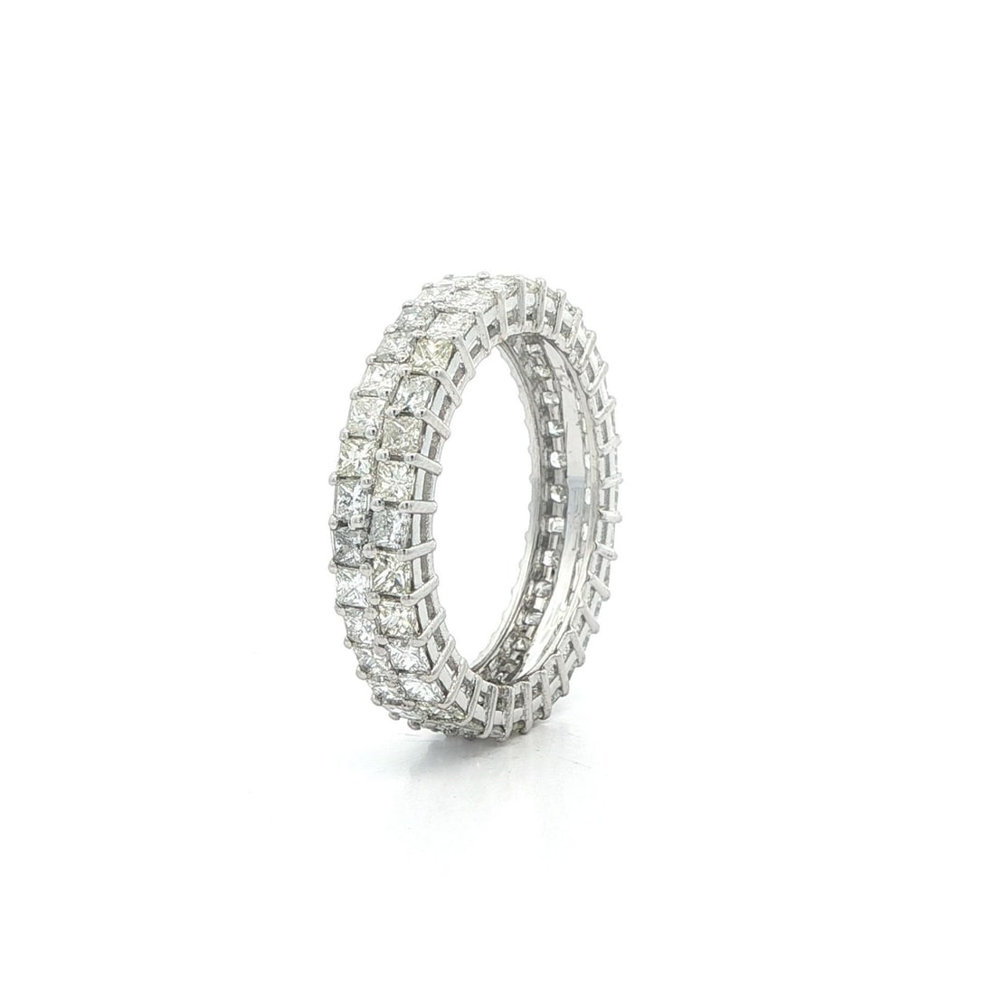 2.51ctw Natural Square Diamond Eternity Band in 14k White Gold Size 6: 2.51ctw Natural Square Diamond Eternity Band in 14k White Gold Size 6 This elegant eternity band ring features two rows of square-cut natural diamonds with a total carat weight of 2.51, securely prong