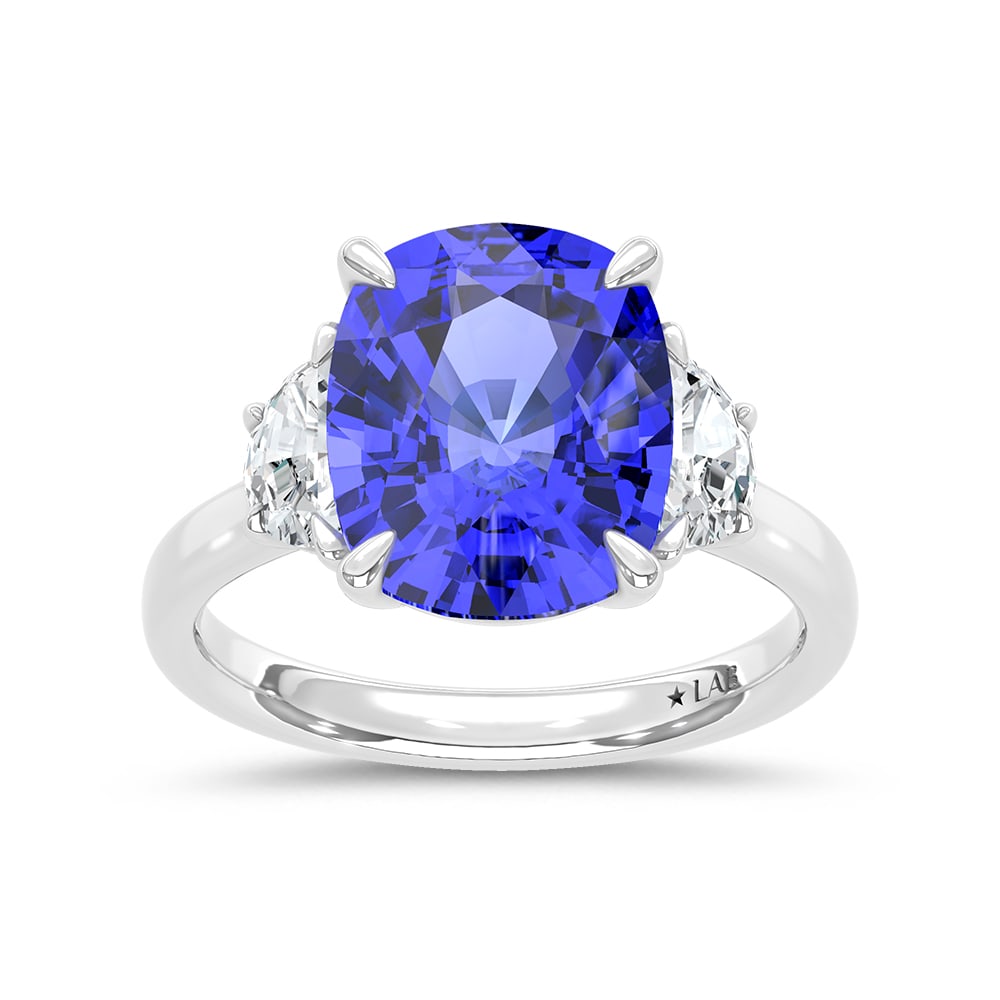 14K White Gold Lab Grown Diamond 6 Ct.Tw. Cushion Shape Recrystalized Blue sapphire Engagement Ring: 14K White Gold Lab Grown Diamond 6 Ct.Tw. Cushion Shape Recrystalized Blue sapphire Engagement Ring (Center 5 1/2 ct) Make a statement of elegance with this 14K white gold engagement ring, featuring a