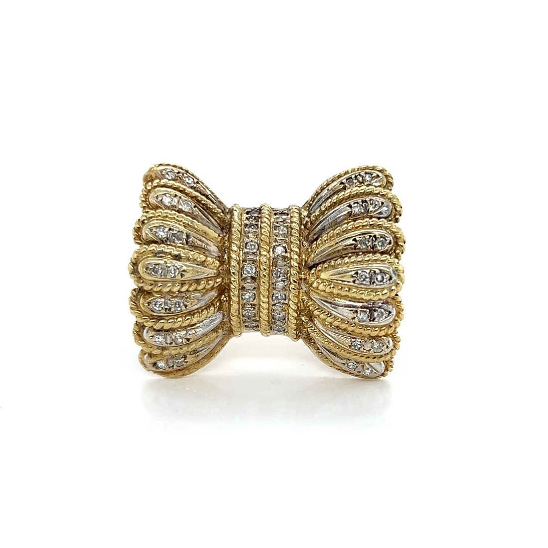 Vintage 14k Two Tone Gold Bow Ring with Diamonds Size 8: Vintage 14k Two Tone Gold Bow Ring with Diamonds Size 8 This vintage ring features a fancy frilled bow design crafted in 14k two-tone yellow and white gold. Accented with approximately 0.20 carat of d