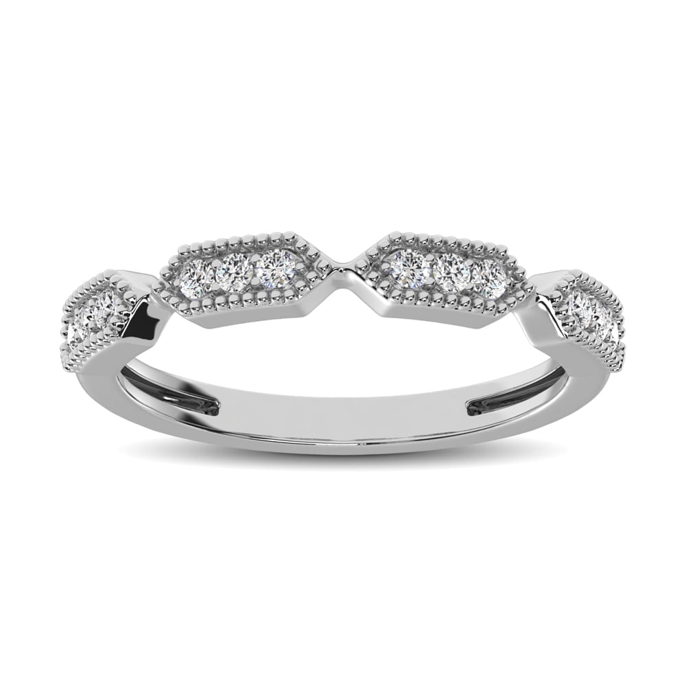 Beaded Style Band set with 1/6 Ct.tw Diamond in 14K White Gold: Beaded Style Band set with 1/6 Ct.tw Diamond in 14K White Gold Crafted in precious 14K white gold, this slim design pairs individual diamonds with quartets of diamonds in milgrain-detailed frames for