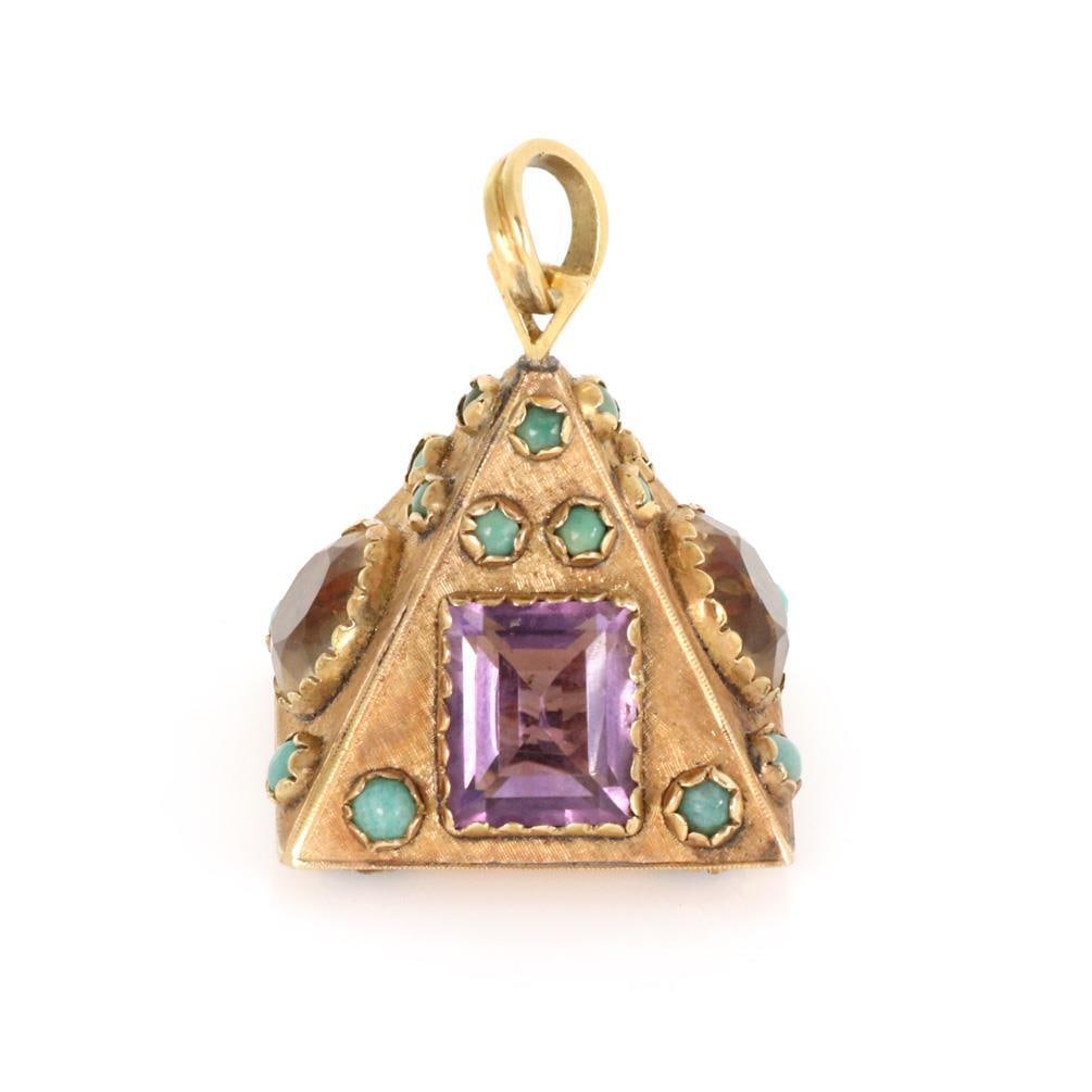 Vintage 18k Yellow Gold Multi-Color Gemstone Pyramid Pendant: Vintage 18k Yellow Gold Multi-Color Gemstone Pyramid Pendant Discover a stunning vintage multi-color pendant, expertly crafted from 18k yellow gold. This unique piece features a pyramid style design a
