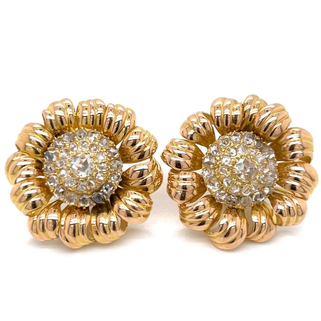 1960s French 18K Yellow Gold Flower Earrings 2.60 Ct Diamonds: 1960s French 18K Yellow Gold Flower Earrings 2.60 Ct Diamonds These exquisite 1960's French flower earrings are crafted in 18K yellow gold and feature a stunning arrangement of 58 rose-cut diamonds wi