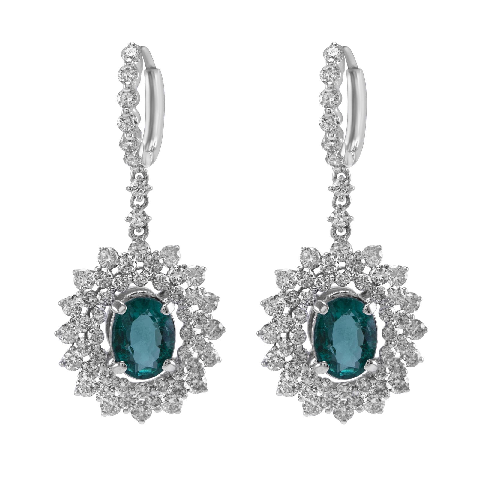 5.68ct Oval Emerald Diamond Drop Necklace 18K White Gold: 5.68ct Oval Emerald Diamond Drop Necklace 18K White Gold This stunning drop necklace features a captivating design with two natural oval emeralds, totaling 5.68 carats, elegantly complemented by 112 r