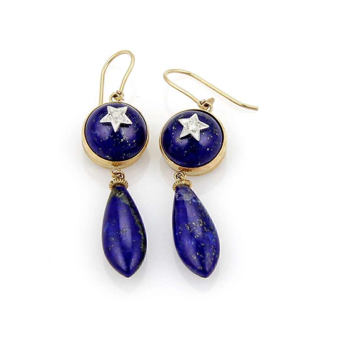 Vintage 9k Two Tone Gold Dangle Earrings With Lapis and Diamond Star Detail (1 of 5)