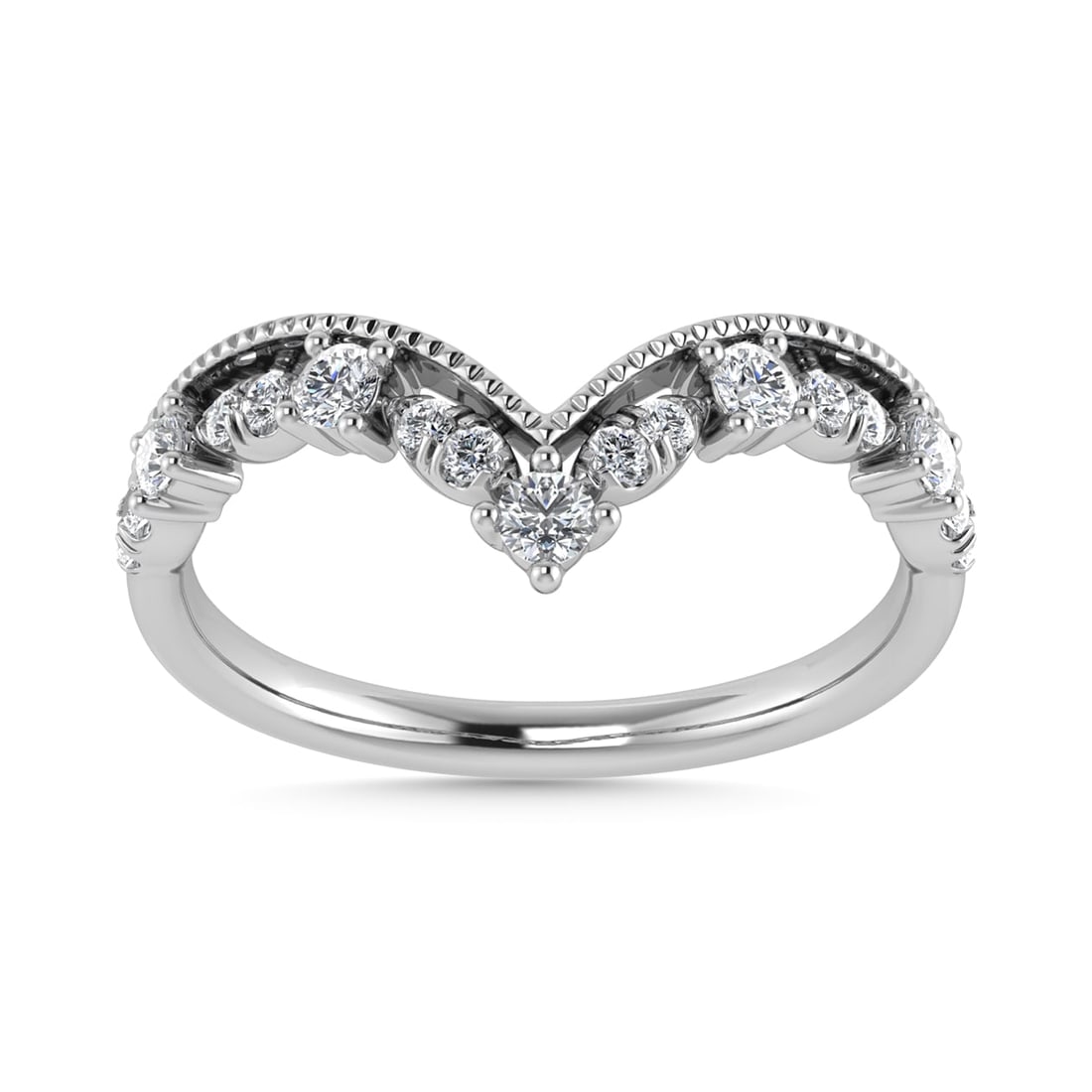 Diamond 1/5 Ct.Tw. Chevron Band in 10K White Gold: Diamond 1/5 Ct.Tw. Chevron Band in 10K White Gold 10k White Gold Stone Color: G-h Stone Clarity: I1 Each ring is presented in standard size 6.5. Complimentary resizing is available between sizes 510 (