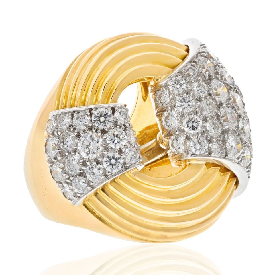 David Webb 18K Yellow Gold & Platinum Fluted Diamond Cocktail Ring: David Webb 18K Yellow Gold & Platinum Fluted Diamond Cocktail Ring This exquisite cocktail ring is crafted from a luxurious combination of platinum and 18K yellow gold, boasting a total weight of 25.1