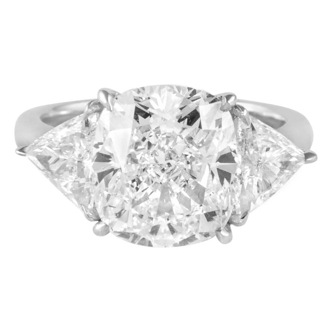 5.01ct GIA Cushion Diamond Three-Stone Ring 18k White Gold: 5.01ct GIA Cushion Diamond Three-Stone Ring 18k White Gold This exquisite GIA certified three-stone engagement ring showcases a stunning 5.01 carat cushion cut diamond, graded J color and VS2 clarity.