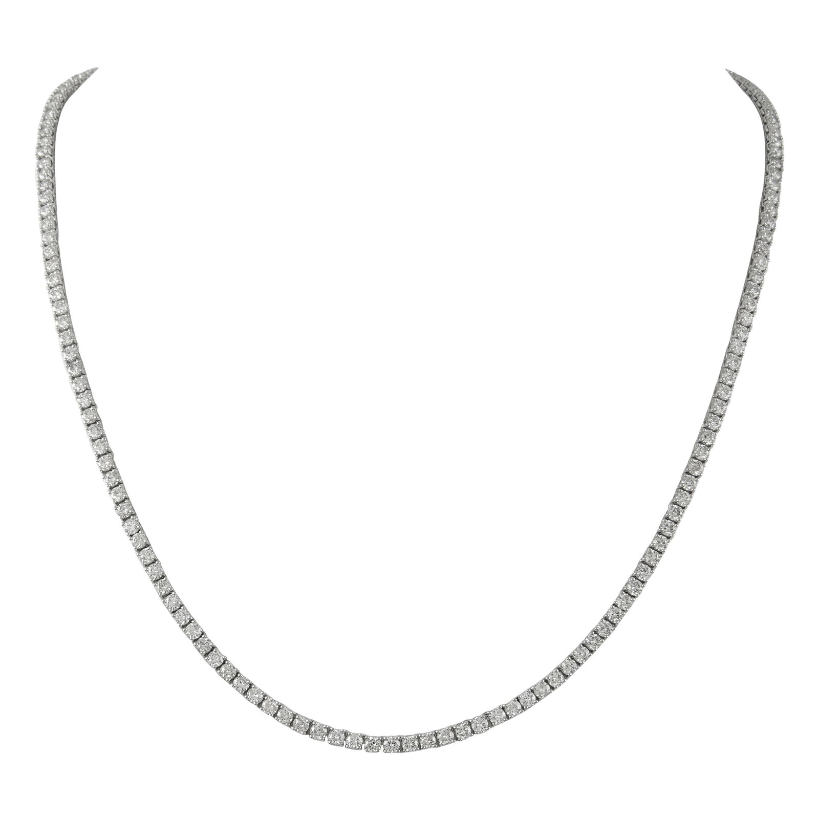 9.57ct Diamond Tennis Necklace in 14k White Gold: 9.57ct Diamond Tennis Necklace in 14k White Gold This stunning 22-inch Diamond Tennis Necklace showcases 9.57 carats of round brilliant diamonds set in luxurious 14k white gold. The diamonds are appro