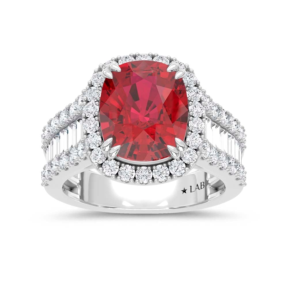 14K White Gold Lab Grown Diamond 7 Ct.Tw. Cushion Shape Recrystalized Ruby Engagement Ring (Center 5: 14K White Gold Lab Grown Diamond 7 Ct.Tw. Cushion Shape Recrystalized Ruby Engagement Ring (Center 5 1/2 ct) Experience the pinnacle of elegance with this 14K white gold engagement ring, showcasing a