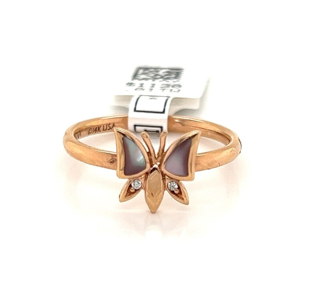 Mother of Pearl Diamond Butterfly Ring in 14k Rose Gold by Kabana Size 6.5: Mother of Pearl Diamond Butterfly Ring in 14k Rose Gold by Kabana Size 6.5 This Kabana butterfly ring is crafted from solid 14k rose gold and features a mother of pearl butterfly accented with a spark