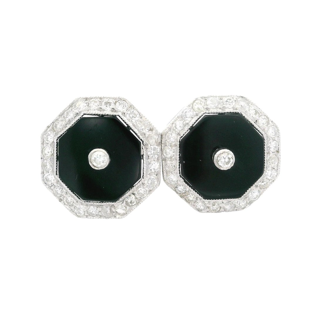 Vintage 17k White Gold Onyx Diamond Octagon Stud Earrings: Vintage 17k White Gold Onyx Diamond Octagon Stud Earrings Elevate your jewelry collection with these Vintage White Gold Black Onyx & Diamond Halo Octagon Shape Stud Earrings. Featuring striking octago