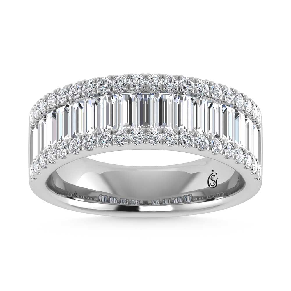 14K White Gold Round & Baguette Lab Grown Diamond 2 Ct.Tw. Wedding Band: 14K White Gold Round & Baguette Lab Grown Diamond 2 Ct.Tw. Wedding Band This sleek 14K white gold wedding band features 2 Ct.Tw. of round and baguette lab grown diamonds, delivering timeless elegance
