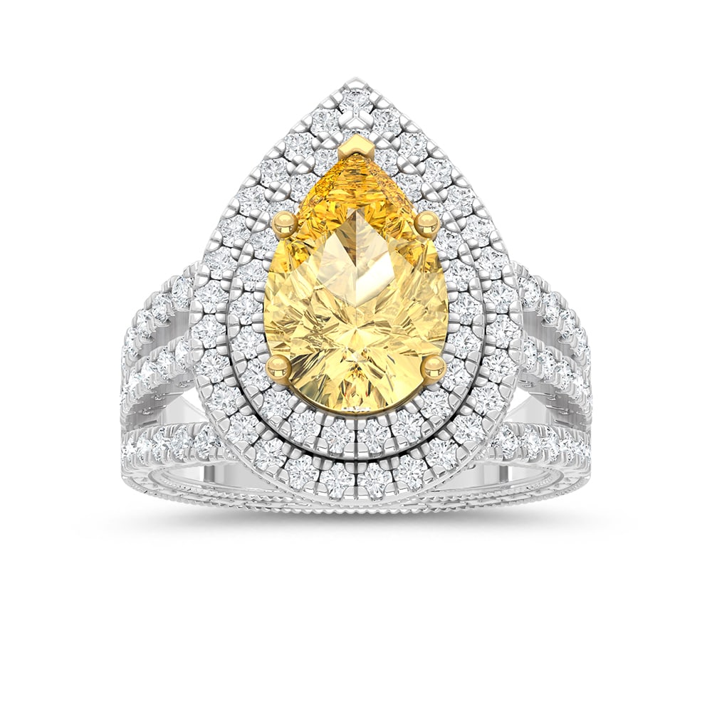 14K Two Tone Gold Lab Grown Diamond 4 1/6 Ct.Tw. Yellow Pear Shape Engagement Ring (Center 3ct): 14K Two Tone Gold Lab Grown Diamond 4 1/6 Ct.Tw. Yellow Pear Shape Engagement Ring (Center 3ct) Exude elegance with this 14K Two-Tone Gold Engagement Ring, featuring a stunning 3-carat lab-grown yello