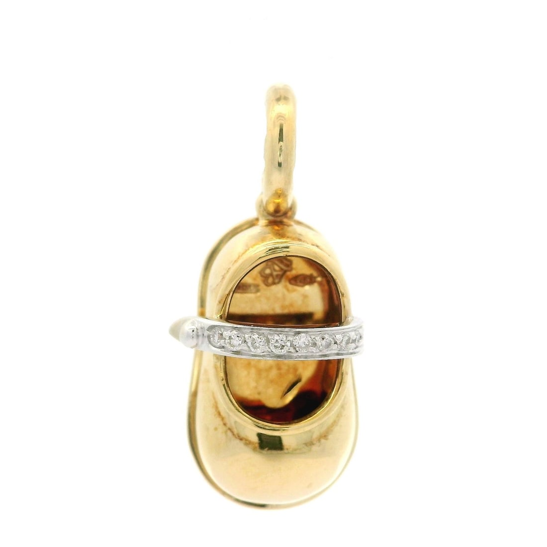 Aaron Basha 18k Gold Diamond Baby Shoe Charm 0.06ct: Aaron Basha 18k Gold Diamond Baby Shoe Charm 0.06ct This exquisite pendant charm features a delightful Mary Jane dress baby shoe design, crafted from 18k solid yellow gold and adorned with natural dia