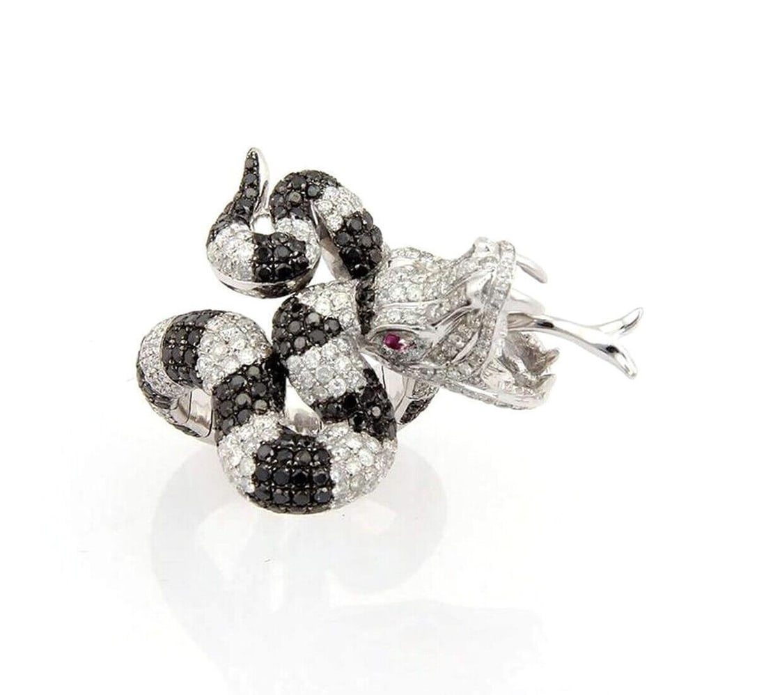 18k White Gold Rattle Snake Ring with Black and White Diamonds (1 of 7)