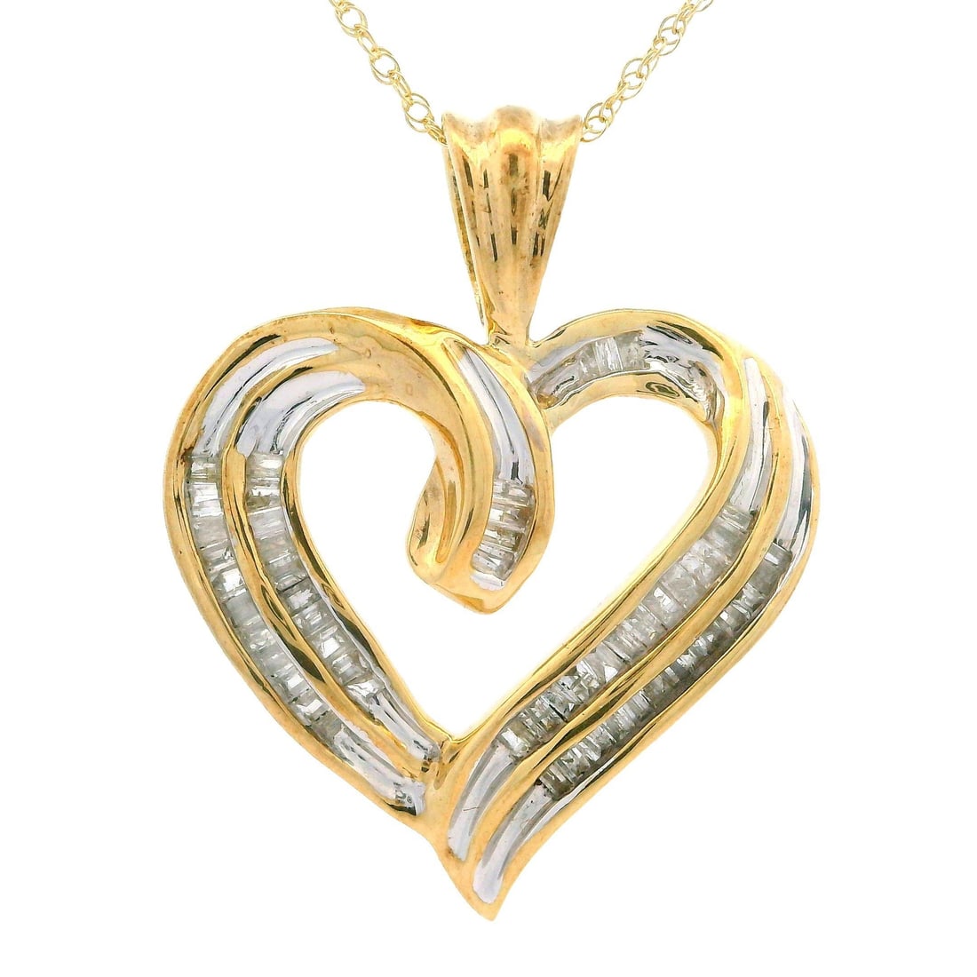 10k Yellow Gold Diamond Open Heart Pendant Necklace 0.52ctw: 10k Yellow Gold Diamond Open Heart Pendant Necklace 0.52ctw This exquisite pendant necklace features an open heart design crafted from 10k yellow gold with rhodium plating accents. Adorned with 52 nat