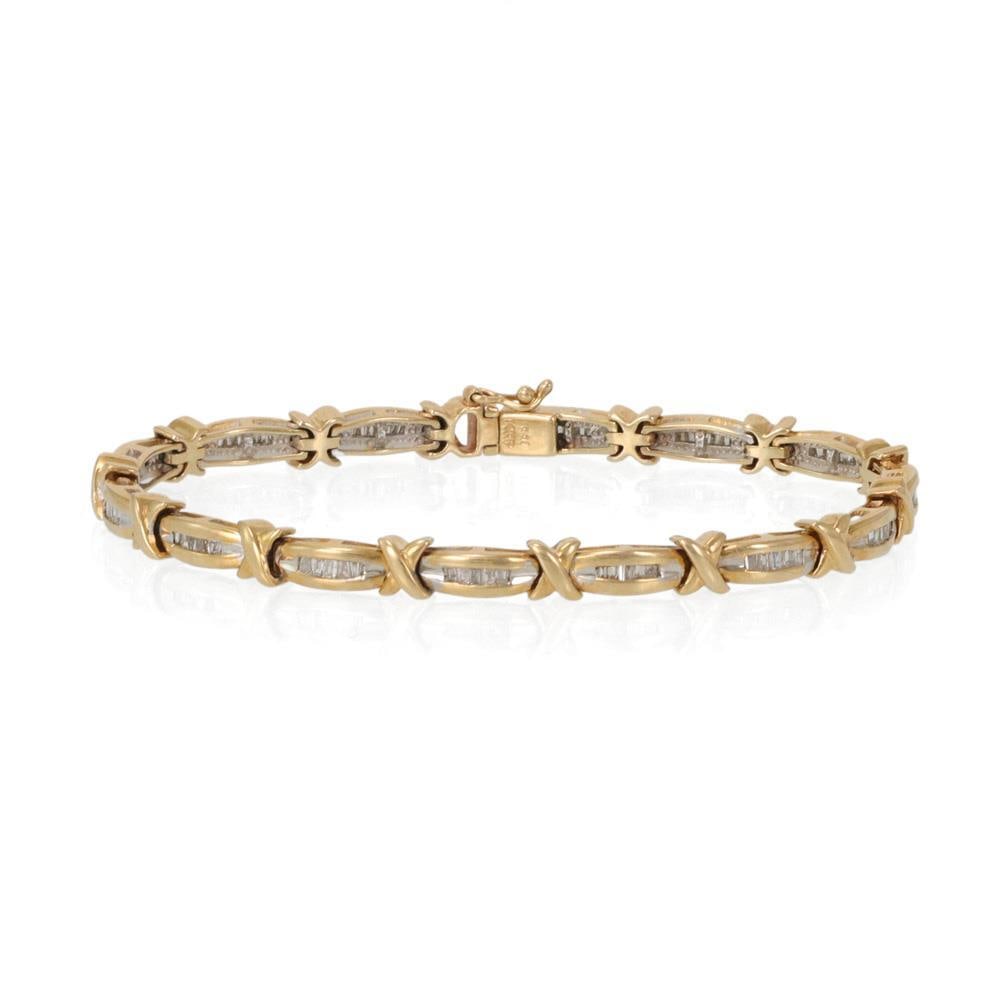 Elegant 14k Yellow Gold 1ct Diamond Bar & X Link Bracelet: Elegant 14k Yellow Gold 1ct Diamond Bar & X Link Bracelet Discover the beauty of this elegant bracelet crafted from 14k yellow gold. It features alternating curved bar links and polished gold X links,