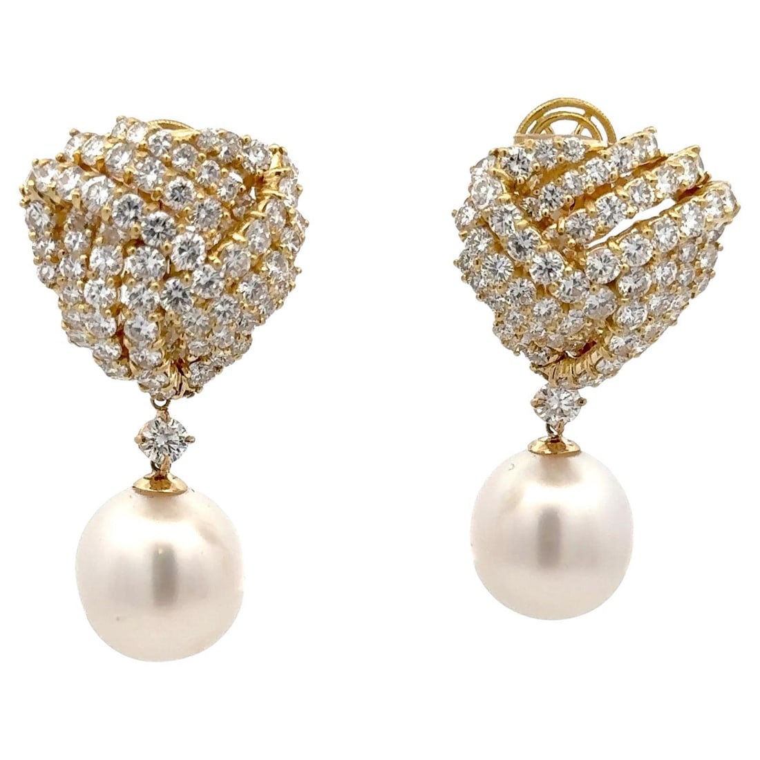 Harbor Diamonds Vintage Diamond Cluster Earrings 10ct 18K Yellow Gold South Sea Pearls: Harbor Diamonds Vintage Diamond Cluster Earrings 10ct 18K Yellow Gold South Sea Pearls This exquisite pair of Vintage Day & Night Diamond Cluster Earrings features a stunning heart motif crafted in