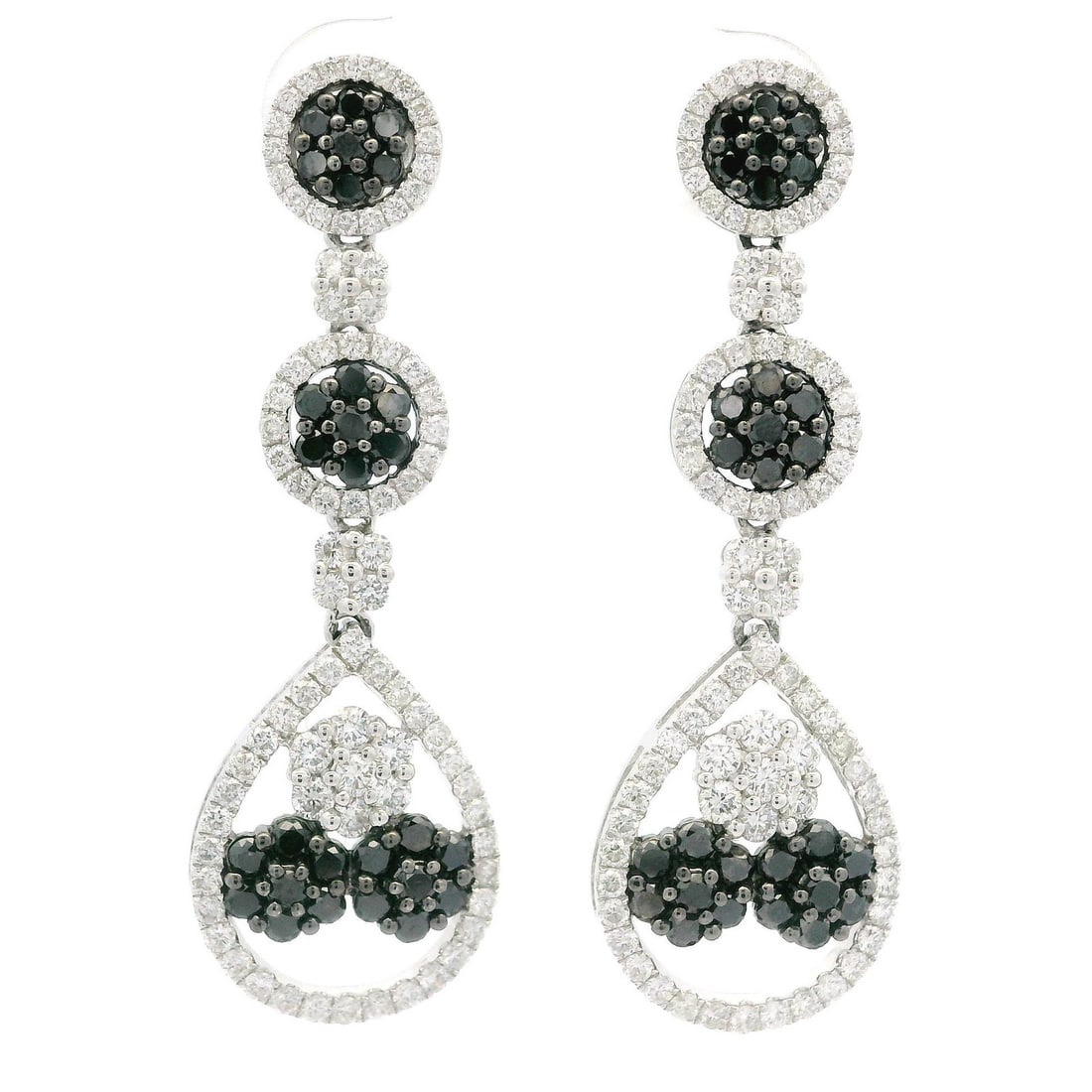 Elegant 14k White Gold 2.79ctw Round Black and White Diamond Dangle Earrings: Elegant 14k White Gold 2.79ctw Round Black and White Diamond Dangle Earrings Elevate your style with these exquisite 14k white gold dangle drop earrings, featuring a stunning combination of round whit