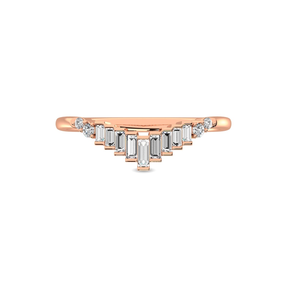 Diamond 1/5 Ct.tw Round and Baguette Chevron Band in 10K Rose Gold: Diamond 1/5 Ct.tw Round and Baguette Chevron Band in 10K Rose Gold 10k Rose Gold Stone Color: Gh Stone Clarity: Si2 Each ring is presented in standard size 6.5. Complimentary resizing is available bet