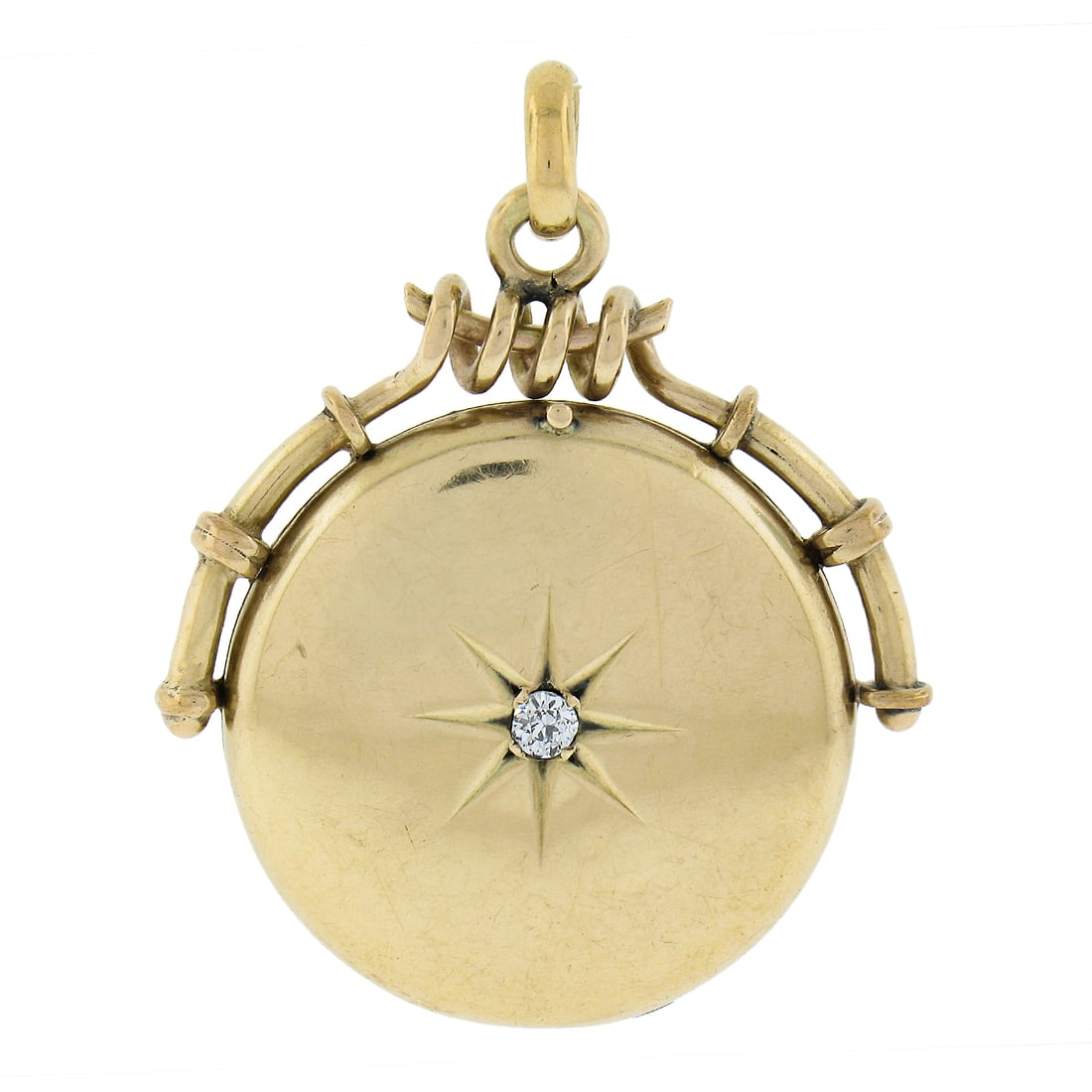 Victorian 10k Yellow Gold 0.07ct Diamond Engraved Round Locket Pendant: Victorian 10k Yellow Gold 0.07ct Diamond Engraved Round Locket Pendant Discover the timeless elegance of this Antique 10k Yellow Gold Old Cut Star Pave Diamond Engraved Round Locket Pendant. This exqu