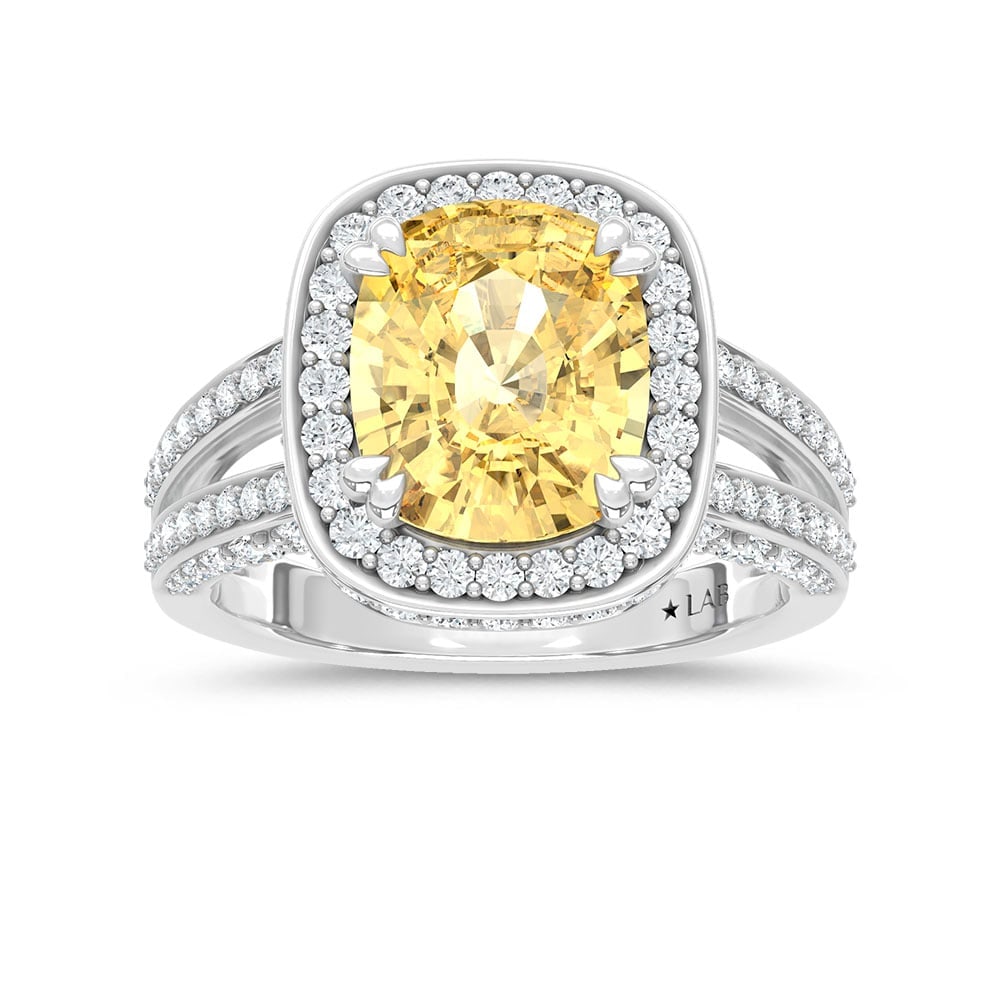14K White Gold Lab Grown Diamond 6 1/8 Ct.Tw. Yellow Cushion Engagement Ring (Center 5ct): 14K White Gold Lab Grown Diamond 6 1/8 Ct.Tw. Yellow Cushion Engagement Ring (Center 5ct) Celebrate grandeur and elegance with this 14K White Gold Engagement Ring, featuring a spectacular 5-carat lab-