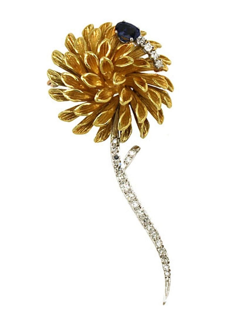 Estate 18k Yellow White Gold Flower Brooch with Diamond and Sapphire Accents (1 of 3)