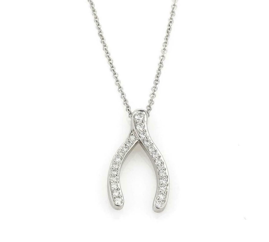 Diamond Wishbone Pendant Necklace in Platinum by Tiffany & Co.: Diamond Wishbone Pendant Necklace in Platinum by Tiffany & Co. This Tiffany & Co. Diamond Platinum Wishbone Pendant Necklace features a wishbone-shaped pendant crafted in platinum and accented with ap