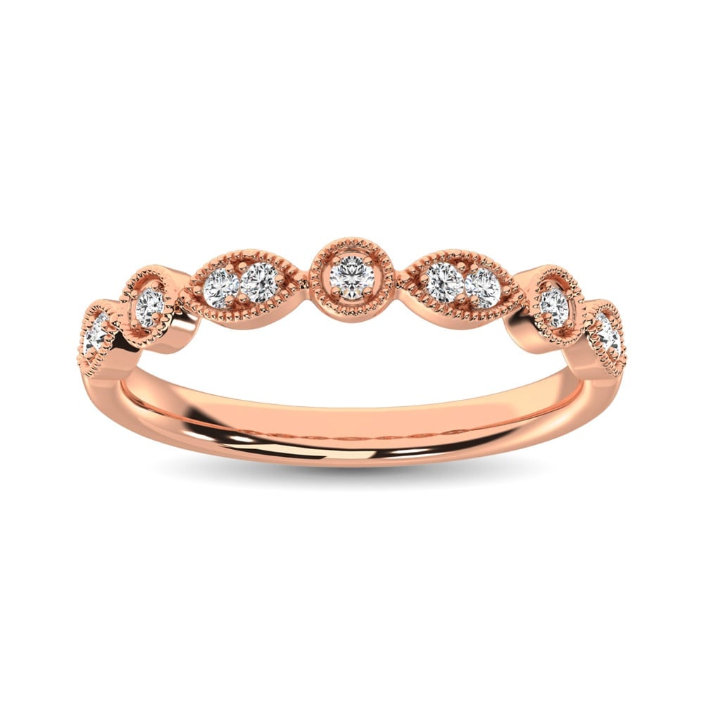 14K Rose Gold 1/8 Ct.Tw. Diamond Stackable Band: 14K Rose Gold 1/8 Ct.Tw. Diamond Stackable Band Crafted in warm 14K rose gold, this intriguing design features 1/8 Ct.Tw. round diamonds in milgrain-detailed. 14k Rose Gold Stone Color: Gh Stone Clari