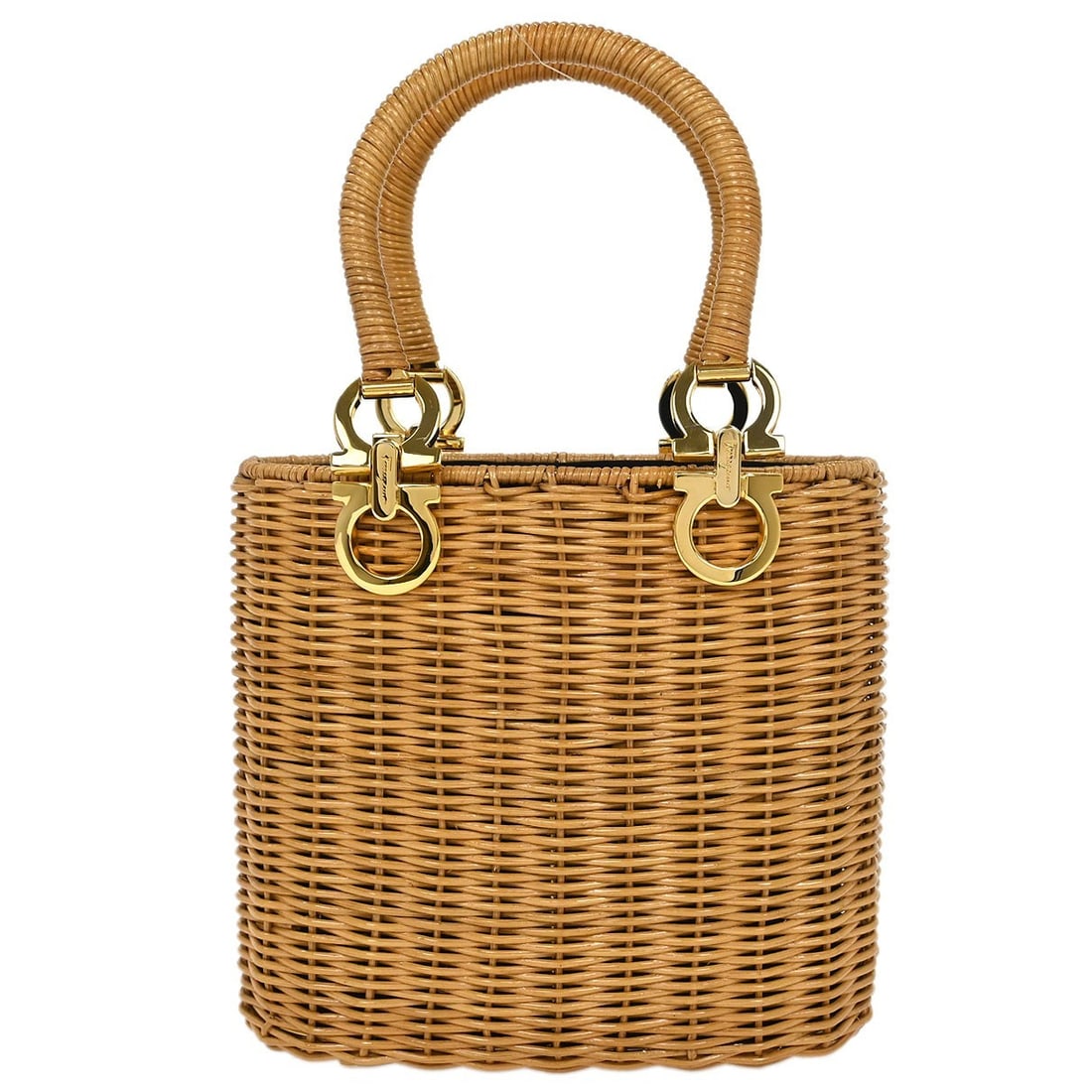Salvatore Ferragamo Beige Rattan Gancini Top Handle Handbag: Salvatore Ferragamo Beige Rattan Gancini Top Handle Handbag This stylish medium-sized handbag features a top handle design crafted from durable beige rattan. The exterior showcases the iconic Salvator