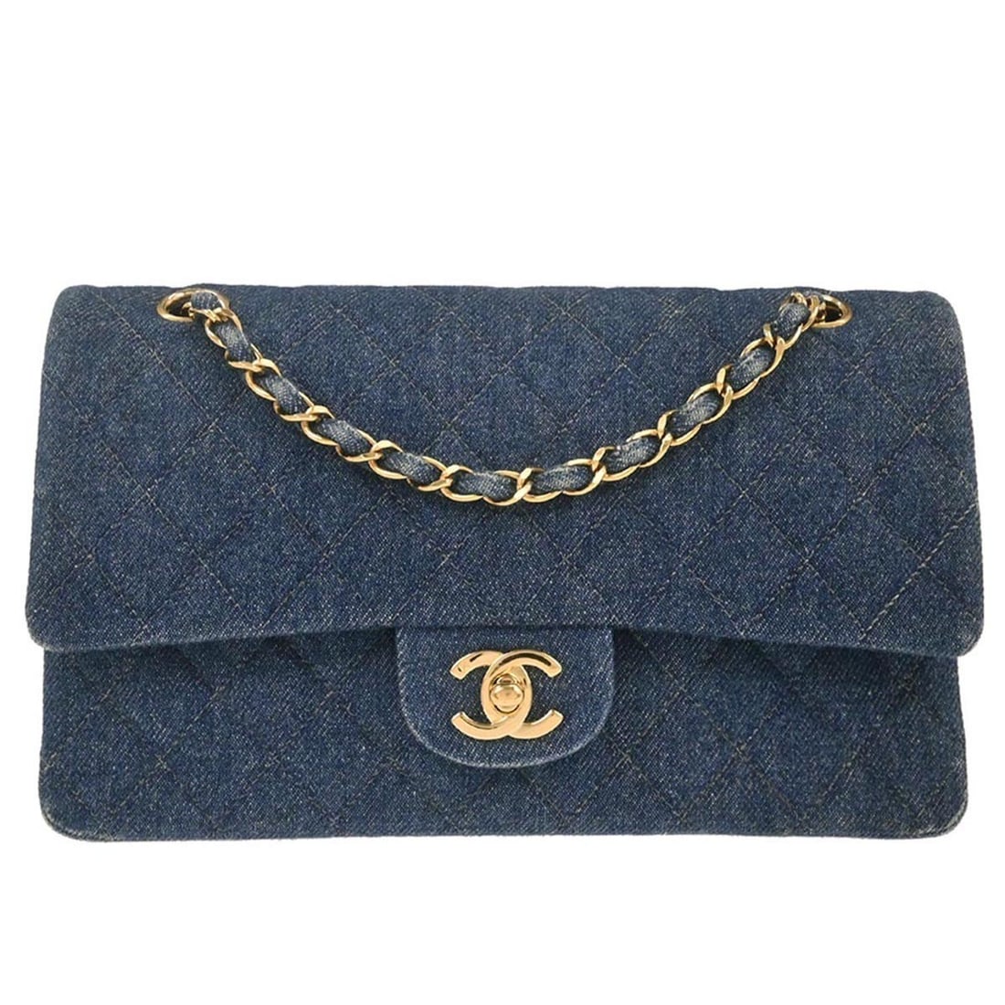 Blue Denim Classic Double Flap Medium Shoulder Bag by Chanel: Blue Denim Classic Double Flap Medium Shoulder Bag by Chanel This Chanel Classic Double Flap Medium shoulder bag features a blue denim exterior with a matelasse pattern and a turnlock closure. The bag