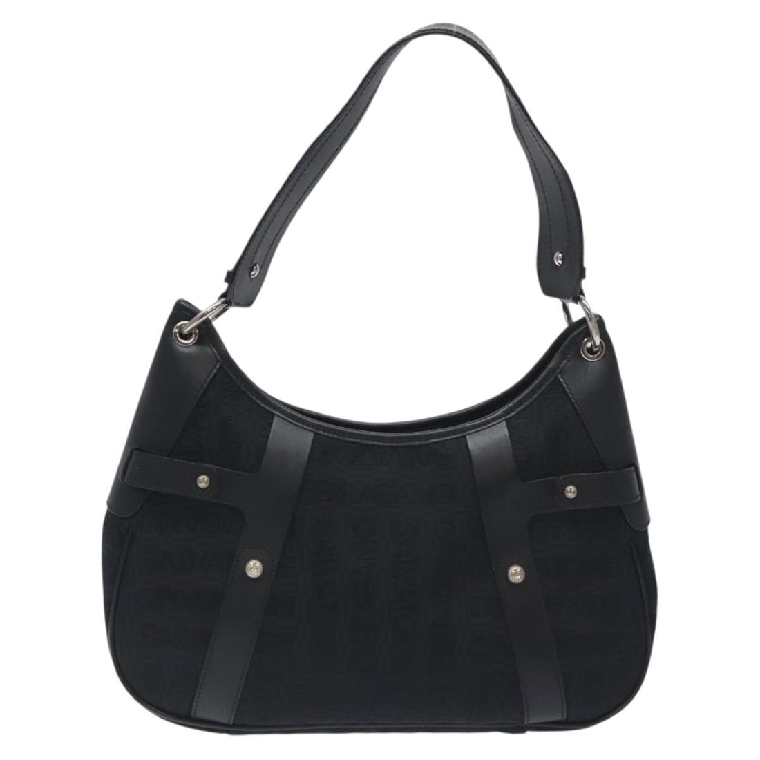 Salvatore Ferragamo Black Canvas Shoulder Handbag 31cm by 19cm by 10cm: Salvatore Ferragamo Black Canvas Shoulder Handbag 31cm by 19cm by 10cm This Salvatore Ferragamo shoulder bag for women features a black canvas exterior with leather details. It shows signs of gentle w