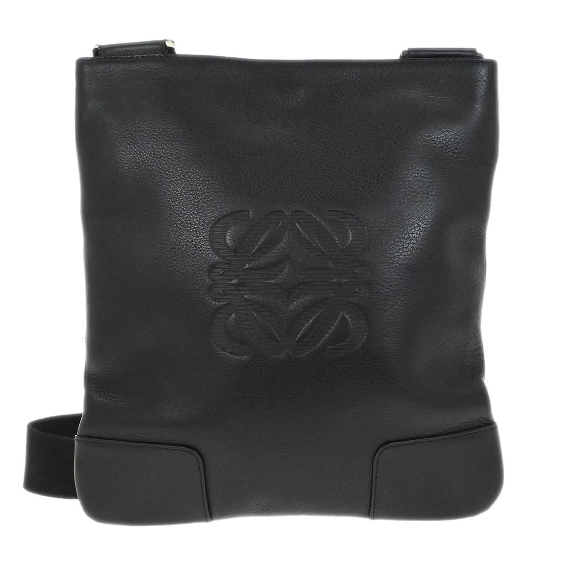 Loewe Medium Leather Anagram Shoulder Bag in Black with Adjustable Strap: Loewe Medium Leather Anagram Shoulder Bag in Black with Adjustable Strap This Loewe Anagram medium shoulder bag features a sleek black leather exterior with a magnetic closure. Designed with a shoulde