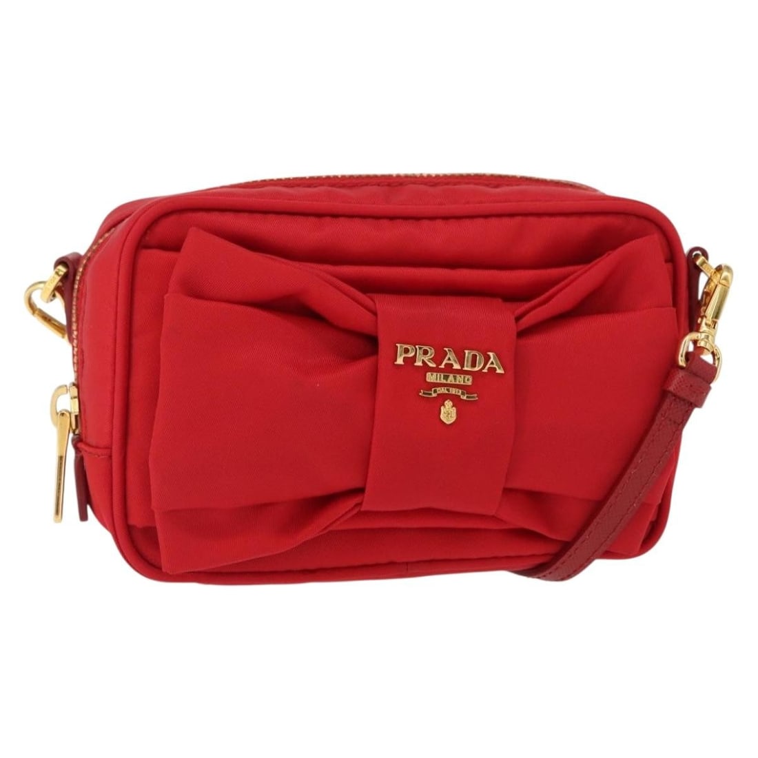 PRADA Red Nylon Shoulder Bag with Gold Accents Auth 152289SAV: PRADA Red Nylon Shoulder Bag with Gold Accents Auth 152289SAV This exquisite PRADA shoulder bag is crafted from high-quality nylon, featuring a striking red and gold color combination. Designed for bo