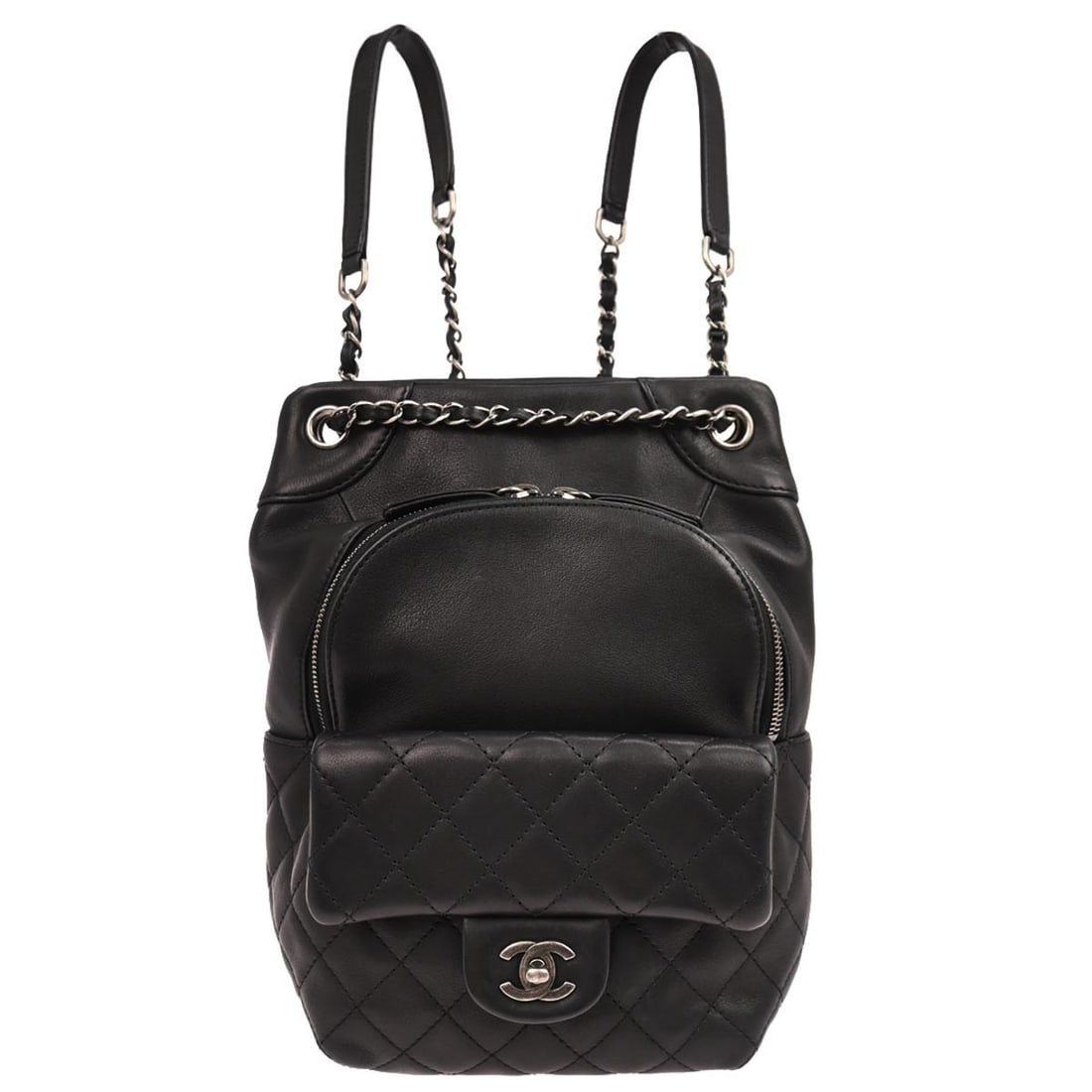Black Lambskin Leather Medium Backpack by Chanel: Black Lambskin Leather Medium Backpack by Chanel This Chanel backpack features a black lambskin leather exterior and a zip closure. The medium-sized bag is designed in a classic backpack style and cra